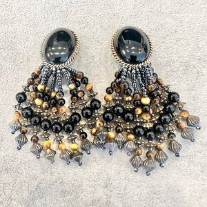 Vintage 1980’s Silver Tone Black And Tiger Eye Tassel Beaded Clip On Earrings